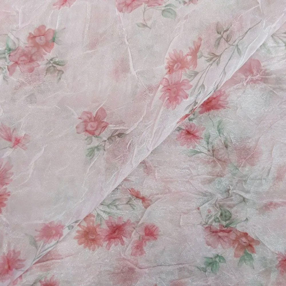 Ткань плательная жатая органза розовые цветы, ширина 150 см